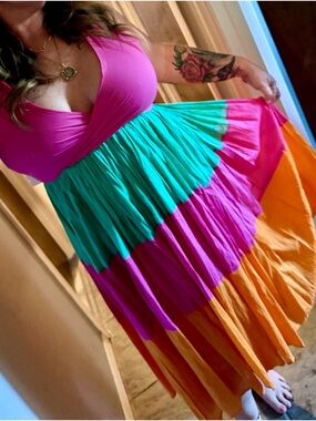 MIRA Colorblock Tiered Maxi Dress in Pink, Green & Orange